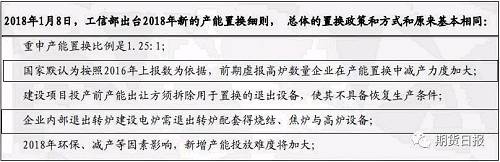 按照置換細則，2018年仍有置換的高爐，高爐減量會刺激價格上漲，同時壓制廢鋼價格上漲；另環(huán)保有望升級，也會影響高爐供應(yīng)提振鋼價，壓縮爐料需求，所以高爐置換或環(huán)保政策是全年重點關(guān)注的政策變量。工信部1月3日提出爭取2018年提前完成鋼鐵去產(chǎn)能的&rdquo;十三五&ldquo;的上限目標，所以政策是黑色的重要變量。